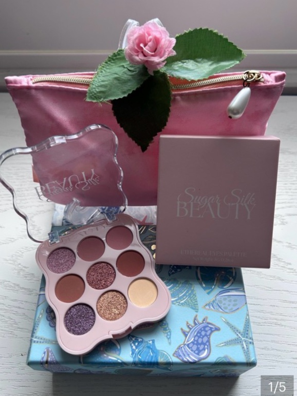 Eye Shadow Palette by Sugar Silk AND Pink Pearl Satin Bag ( 5 x 7) Brand New
